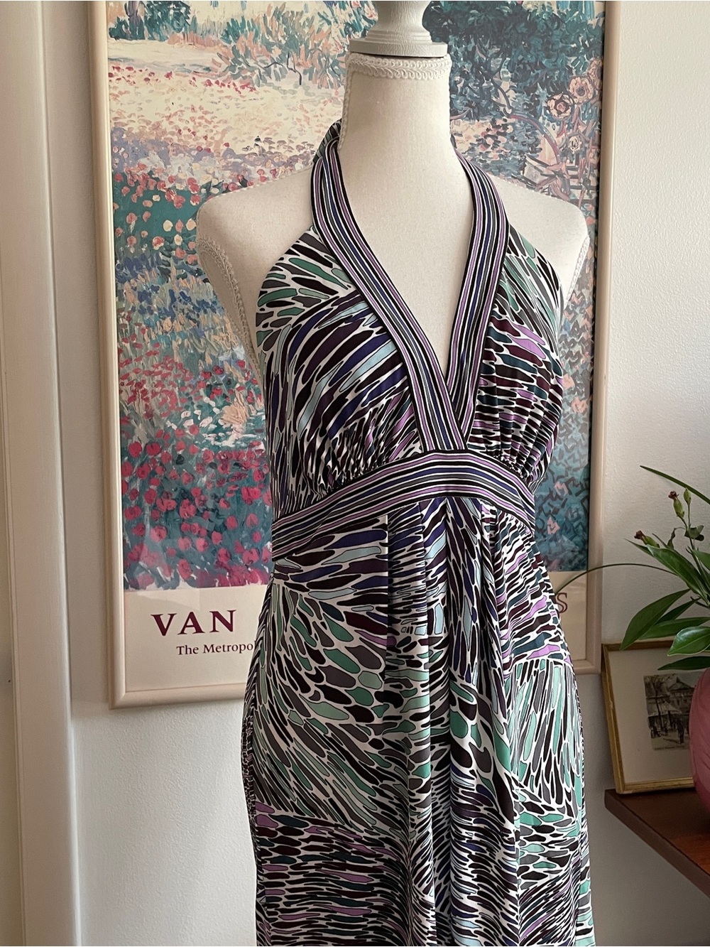 BCBGMaxAzria Dress Women's Medium Abstract Halter Midi Boho Fairycore Y2K - Picture 8 of 12
